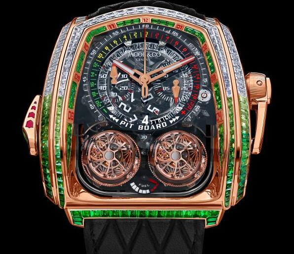 Jacob & Co TWIN TURBO FURIOUS BAGUETTE WHITE DIAMONDS & TSAVORITES ROSE GOLD TT800.40.AA.UB.A Replica watch